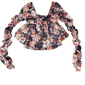 Urban Outfitters Colorful Floral Ruched Mesh Moody Fairy Long Sleeve Top M